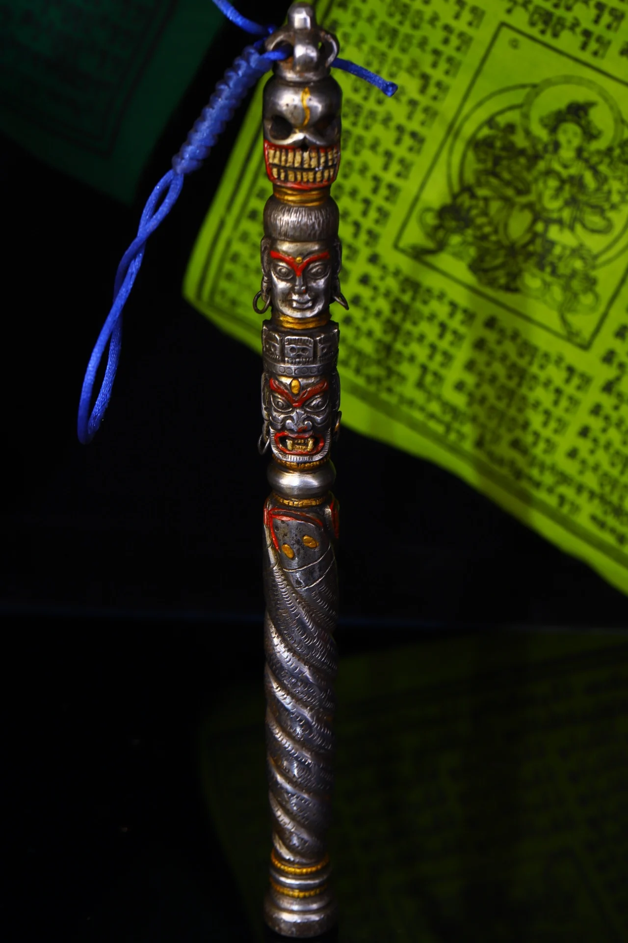 

10"Tibet Temple Collection Old Tiantie Tracing Dzi Bead Buddha Skull Head Mahakala Dorje Vajra Phurpa Dharma Town House Exorcism