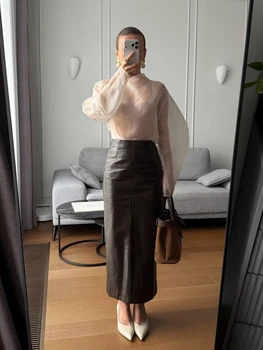 LIMO 2026 Women Sheer Organza Blouse High Neck Puff Sleeve Elegant Transparent Top 1
