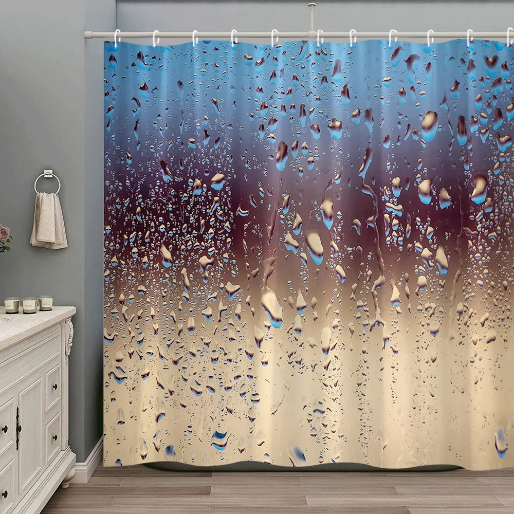 

Raindrops Bubble Shower Curtain Water Drop Blue Color Background Bathroom Decor Modern Creative Waterproof Fabric Curtains Set