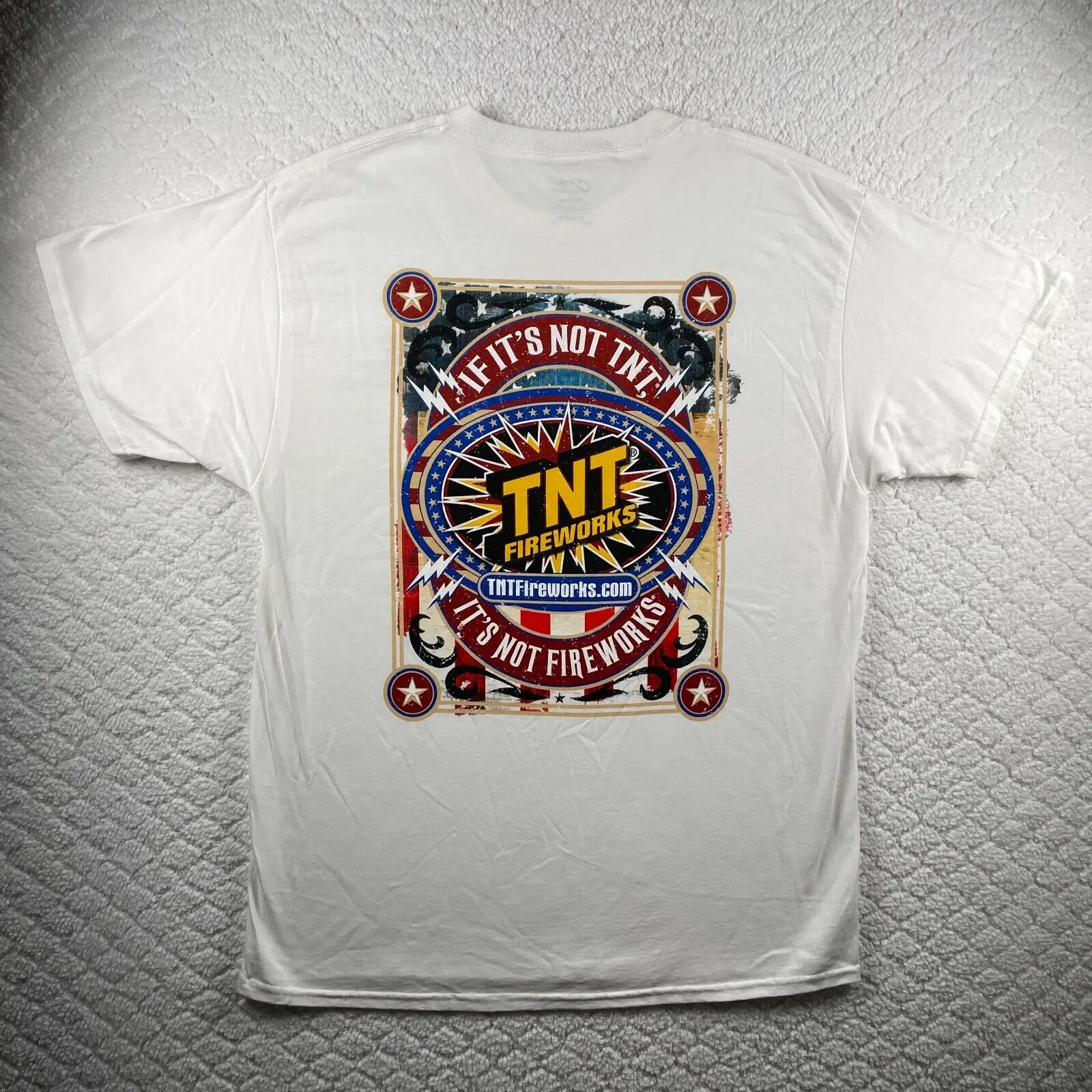Nwot Tnt Fireworks Mens T-Shirt White L Usa Double Sided Colorful Port & Company