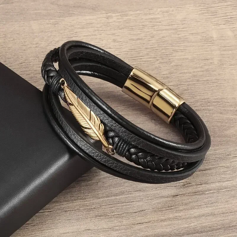 Classic Multi-layered Leather Feather Metal Buckle Bracelet Men's Business Casual Party Jewelry Gifts leather braided bracelet leather bracelet