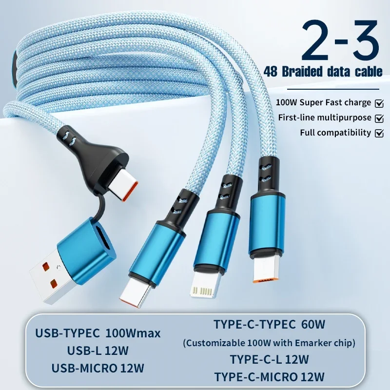 Universal 1.2m 3-in-1 Fast Charging Cable with USB Multi-Port and Type C/Micro USB Connectors