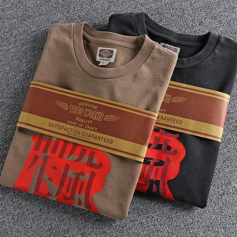 

Summer Japanese Retro 400g Heavyweight Short-sleeved O-neck Printed T-shirt Men's Fashion 100% Cotton Wash Old Loose Casual Tops