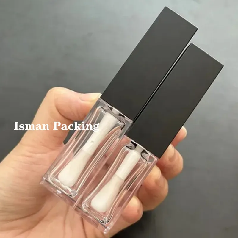 

50Pcs square big brush long matte black wand lip gloss packaging thick applicator clear lipgloss container tubes 6ml 8ml