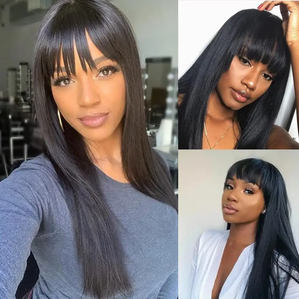 

Full Machine Made Straight Human Hair Wigs With Bangs 180% Density Straight Wigs None Lace Front Wigs Glueless Human Hair Wig