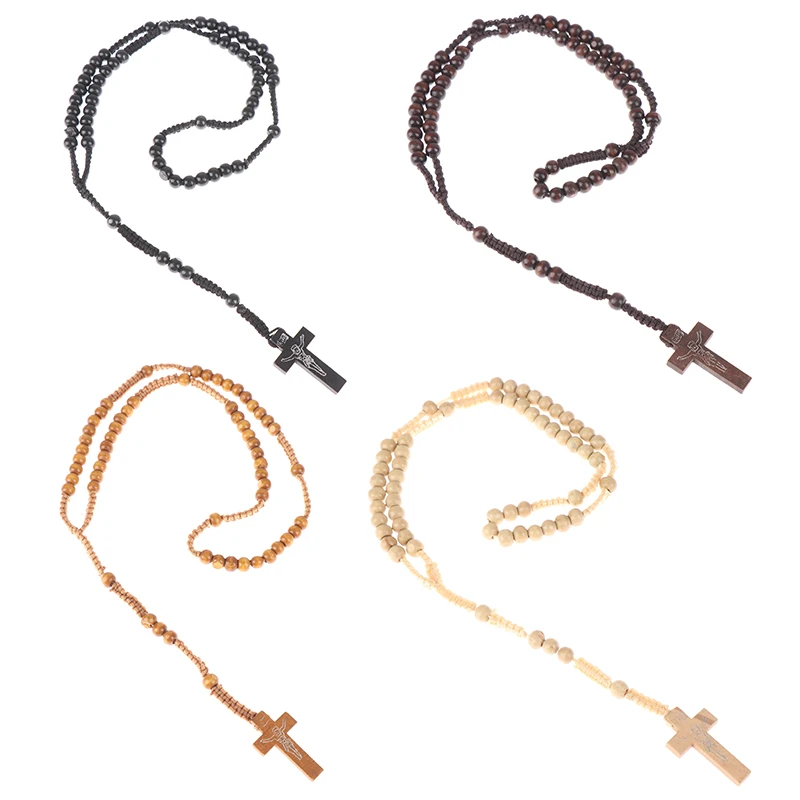 1Pc Christ Jesus Wooden Beads Rosary Bead Cross Pendant Catholic Cross Necklace Souvenirs Gifts catholic rosary necklace wood cross religious ritual accessories