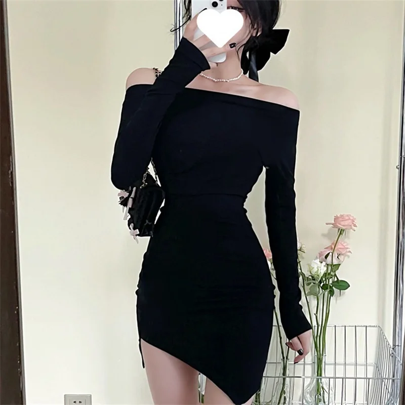 Women y2k Dress Solid Color Off Shoulder Long Sleeve Asymmetrical Hem Bodycon Mini Dress Going Out Club Party Dresses