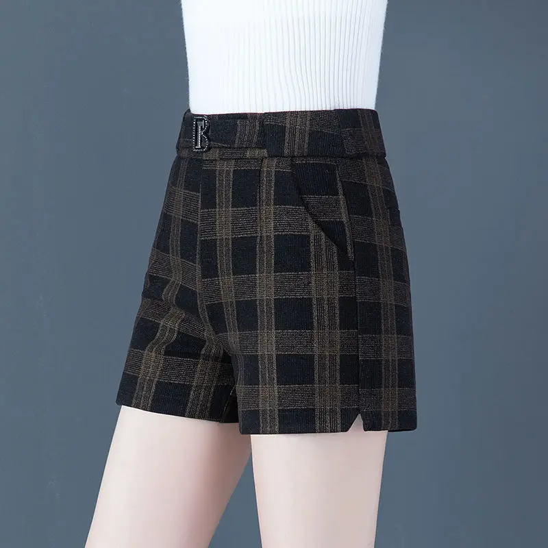 Korean Version Fashion Versatile Woolen Five Point Shorts Women's Solid Zipper Button Pockets High Waist Casual Straight Pants