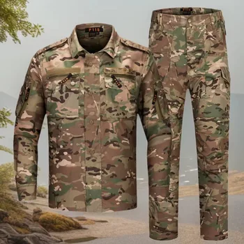 Completo Tattico Mimetico F116 da Uomo, Due Pezzi, Multi Tasche, Resistente all'Usura, Giacca a Maniche Lunghe e Pantaloni, Primavera Autunno, per Caccia e Airsoft