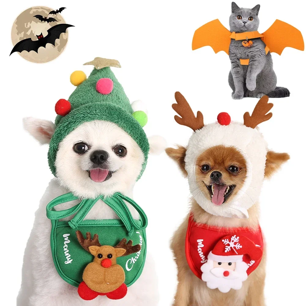Pet Clothes Christmas Small Pets Hat Scarf Bat Wings Cloak Bib Funny Cosplay Costume for Kitten Puppy Xmas Party