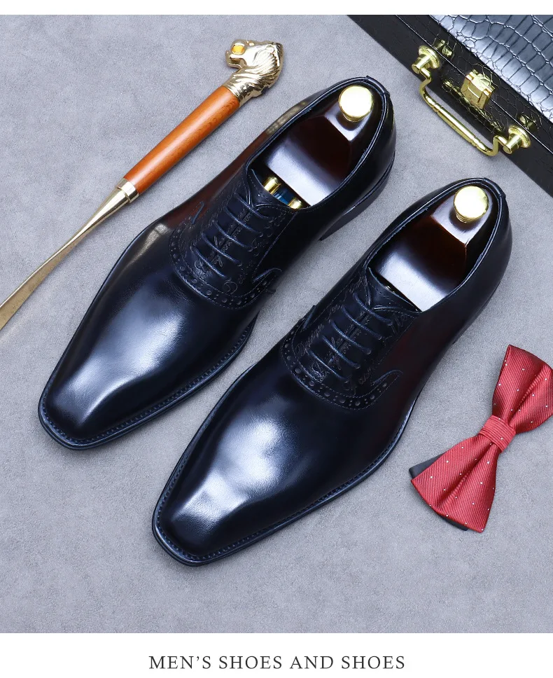 Men's pointy leather shoes, wedding groom, Bullock carved men's shoes, business suit, style Oxford, size 46