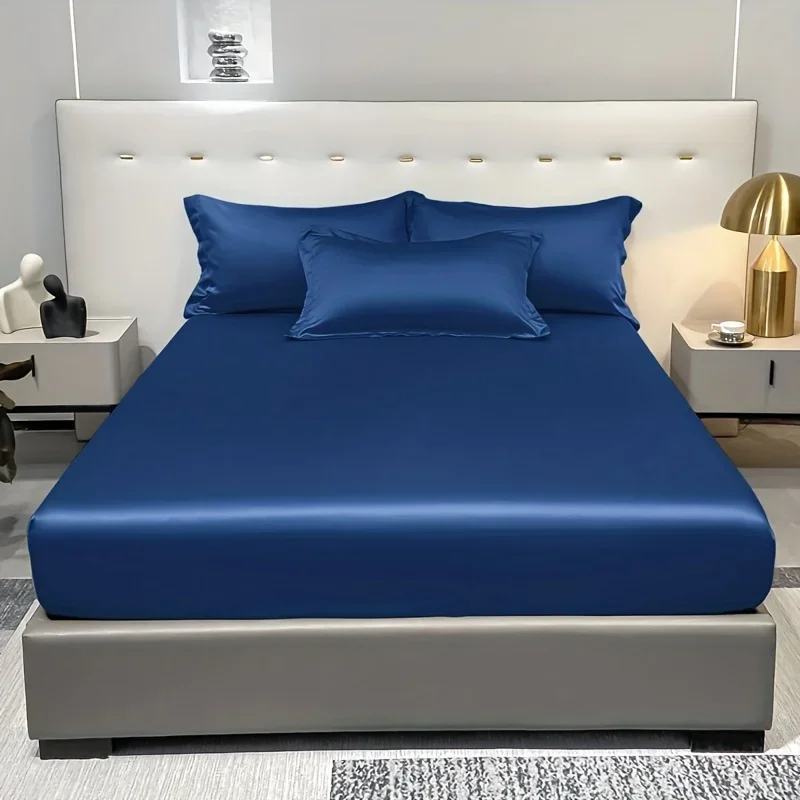 1 Simple Modern Satin Solid Color Fitted Sheet, Solid Color Ice Silk Bedspread For Bedroom, Bedding (Excluding Pillowcases) 3