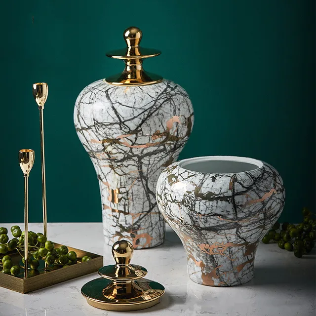 Vintage Palack Márványozott Tábornok Golden Ginger Jar Porcelán Kézműves Díszek Váza Virág Elrendezés Otthoni Dekoráció - Image 2