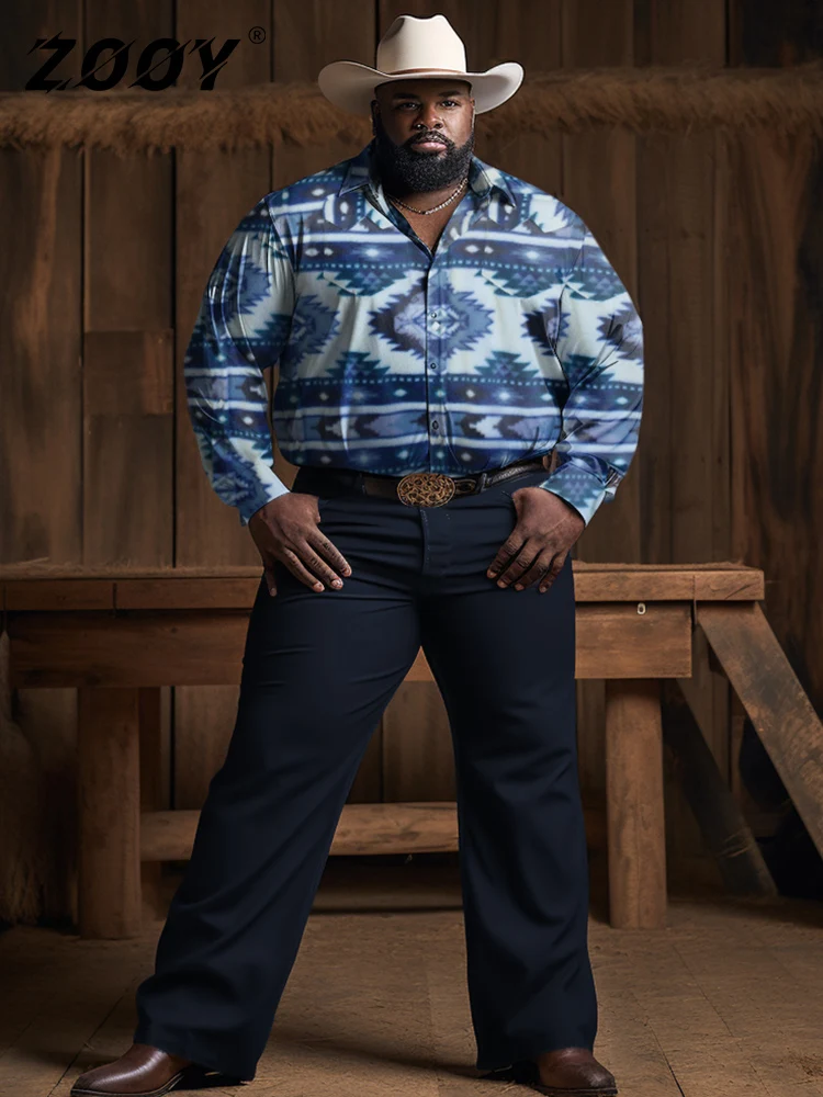 

ZOOY (L-9XL) Large Size Men's Western Tribe Denim Retro Long Sleeve Shirt Straight Pants Suit