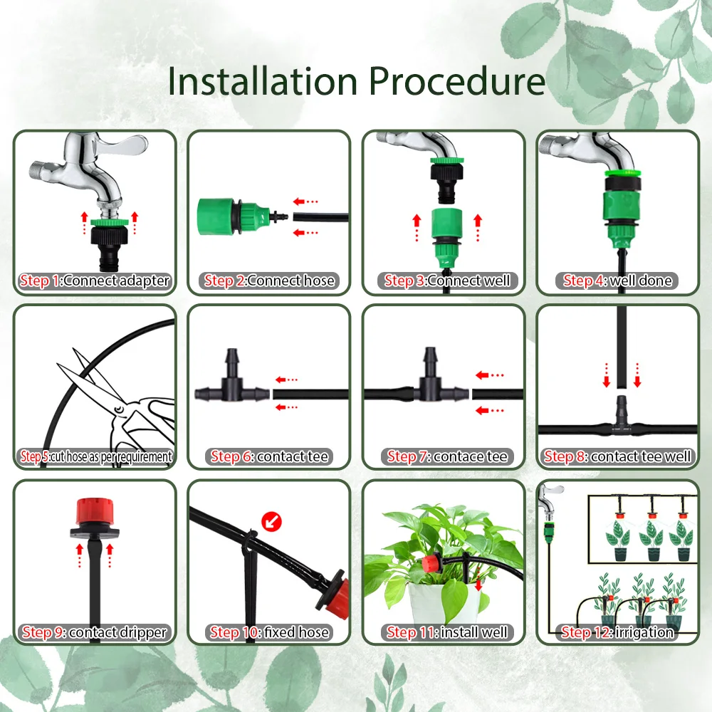 50 Meters Plant Timer Garden Watering System Irrigation 4/7mm Drip Kits Automatic Spray for Plants Adjustable Nozzles 3