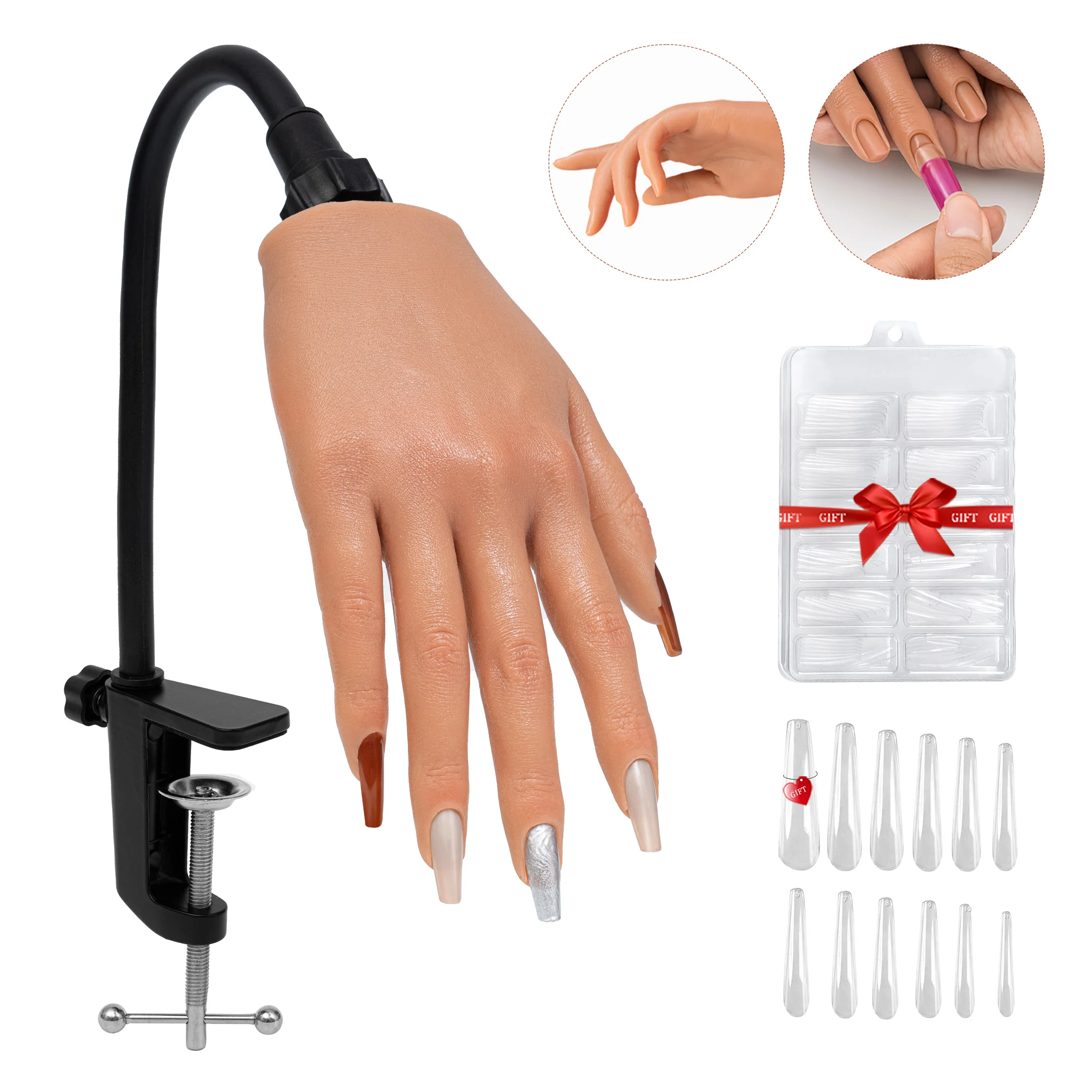 Flexible Mannequin Hand with Nail Tips - Silicone Nail Practice Hand for Acrylic, Gel Art Training Beginner Kit