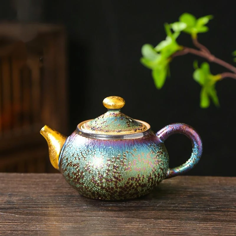 

150ml Kiln Change Tianmu Peacock Glaze Teapot Retro Outline Gold Pot Tea Brewing Kettle with Strainer Tea Accessories Collection