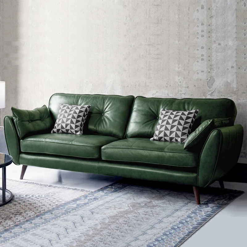 

Nordic leather double triple leather sofa living room sofa retro industrial style dark green wax leather