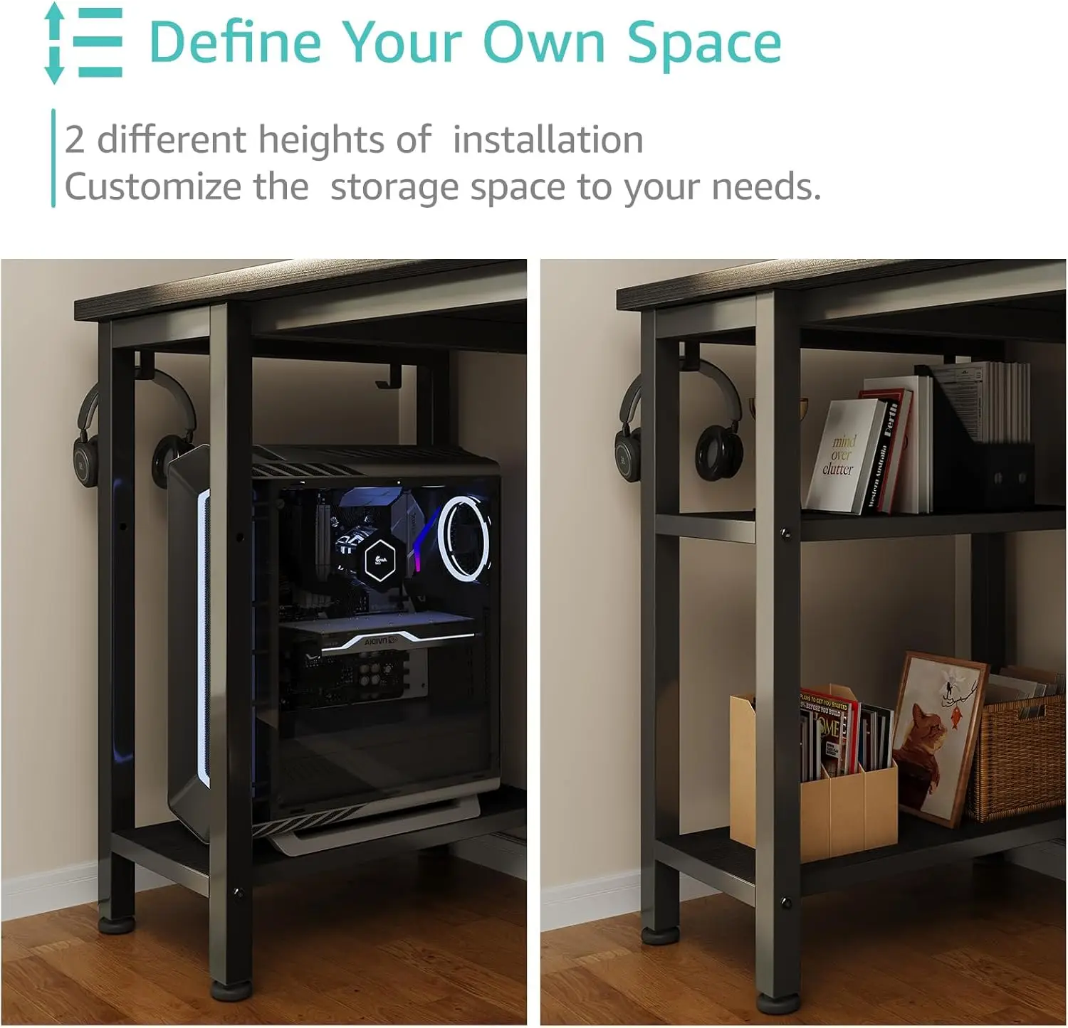 Gaming Desk with 4 Fabric Drawers & Storage Shelves 47 inch Computer Writing Work Study Desk for Home Office Bedroom Modern Simp