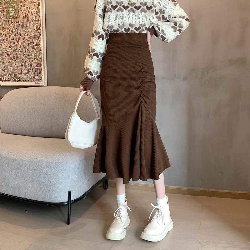Lucyever Mode Hoge Taille Midi Rokken Voor Vrouwen 2023 Lente Slim Fit Hip Zeemeermin Rok Vrouw Koreaanse Ruches Bruine Rokken 2XL_voghion.com