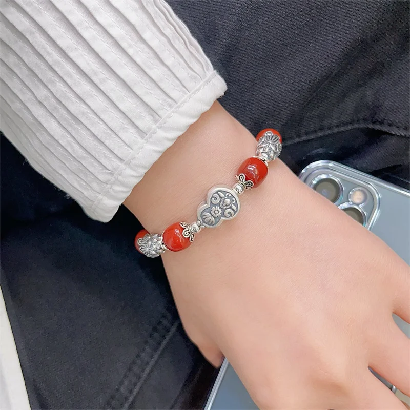 

Sterling Silver Bracelet S925 For Woman Female Girl Agate Original Manual Lovers Retro Style Popular Fashion Jewelry