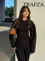 TRAFZA Femmes Nouvelle Mode Minceur 2-Pièce Ensemble Double-Face Tissu Tour Cou Manches Longues Haut + Élégant Stretch Casual Long Pantalon 3