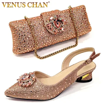 Elegant And Sexy Champagne Color High Heels Shoes And Bag With Rhinestone Embellished Toe Is Comfortable Women's Shoes For Party 1