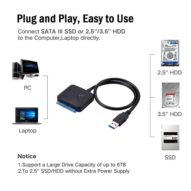 PC ƮϿ SATA to USB 3 , 2.5 , 3.5 ġ  HDD SSD ϵ ̺ ǻ ̺, ִ 6 Gbps