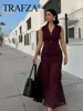 TRAFZA 2024 Women Skirt Set Wine Red Knitted V-Neck Sleeveless Slim Vest +Solid High Waist Zipper Patchwork Long Skirt Street 3
