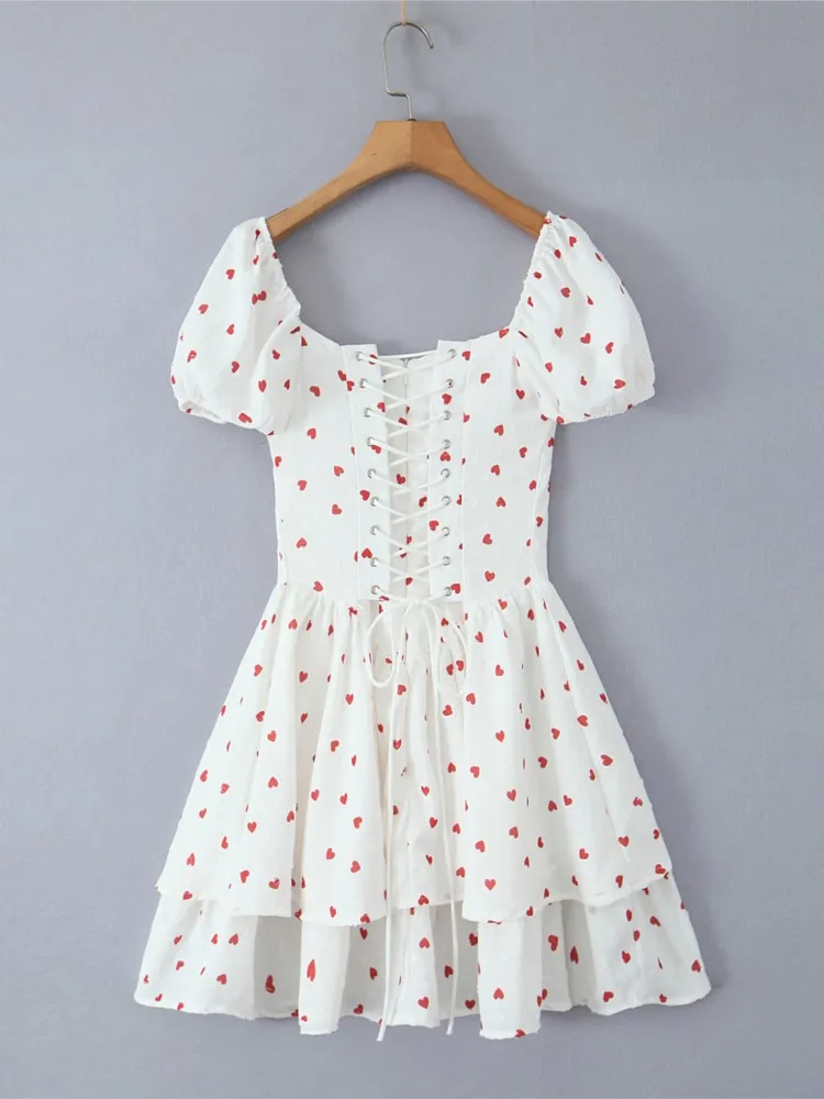 Square Neck Puff Sleeve Elegant Women's Dress 2025 Summer Fashion Back Waist Tie Print Dress Short Female Vestidos
