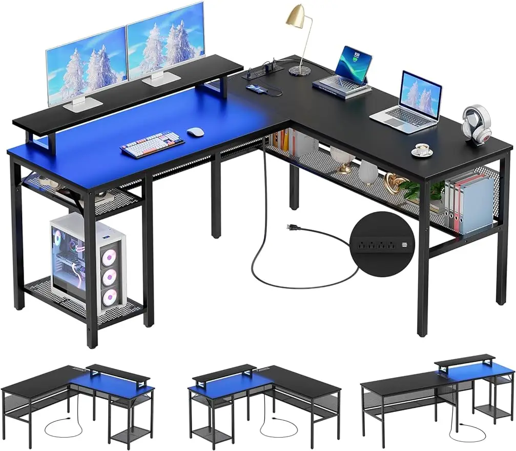 L Shaped Desk Reversible Corner Computer Desk With Magic Power Outlets and Smart LED Light Computer Gaming Table Writing magic water writing cloth book wang xizhi lan ting xu brush pen calligraphy book basic strokes radicals explained copybook