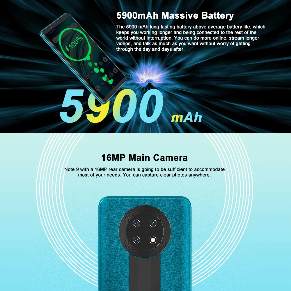 Cubot Note 9 Smartphones Android 11 Dual SIM 5.99 Inch 3GB RAM+32GB ROM Mobile Phone Triple Camera 5900mAh Octa Core Cell Phone