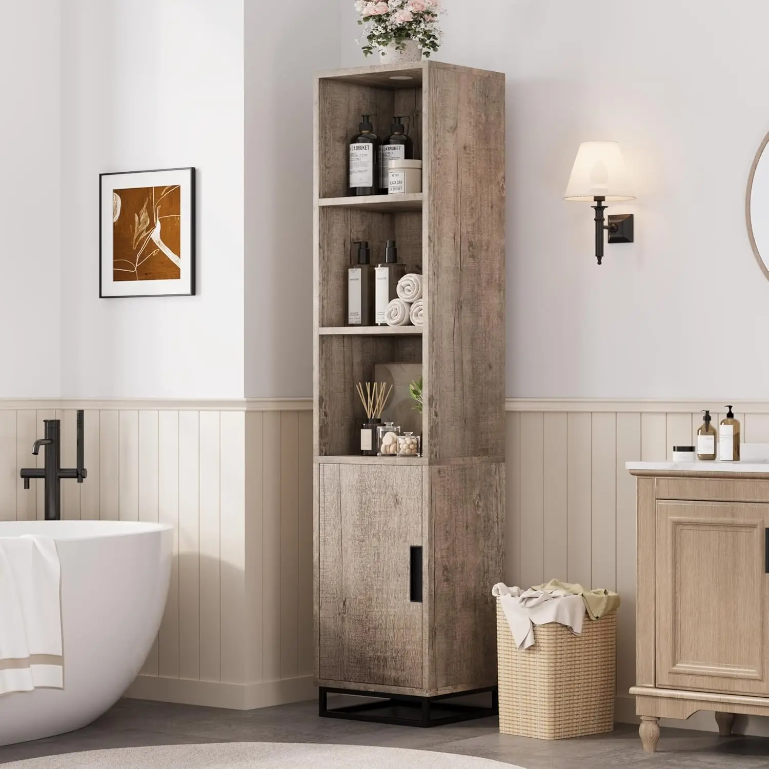 178cm Narrow Bathroom Cabinet Tall Storage Cabinet with Door and Adjustable Shelf Open Storage for Laundry Room Bathroom Kitchen