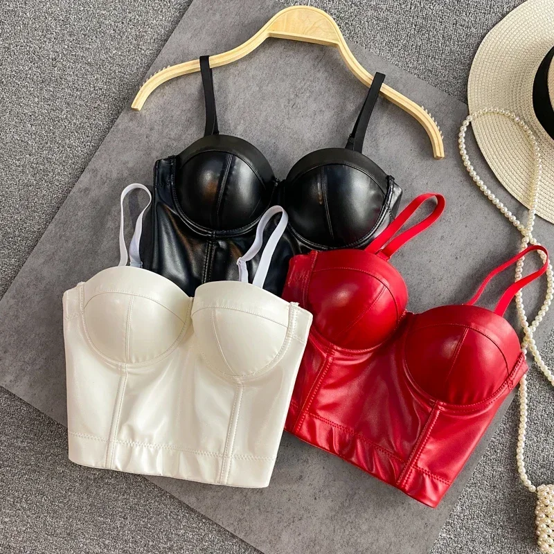Spaghetti Strap Sexy Tanks Camis for Women Solid Colours Leather Pu Femme Croset Crop Tops with Built In Bras Chic Tank Camisole women camisole tops,sport tank tops