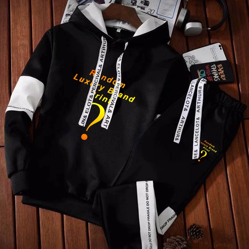 

Men's Sweatshirt Set Random Luxury Logo Fashion Hoodies+Sweatpants Tracksuit Unisex Sport Suit Male Pullover Streetwear Cloth