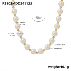 Elegant Stainless Steel Clavicle Necklace with White Shell Beads - Women's Timeless Charm Jewelry Gift (Gold)