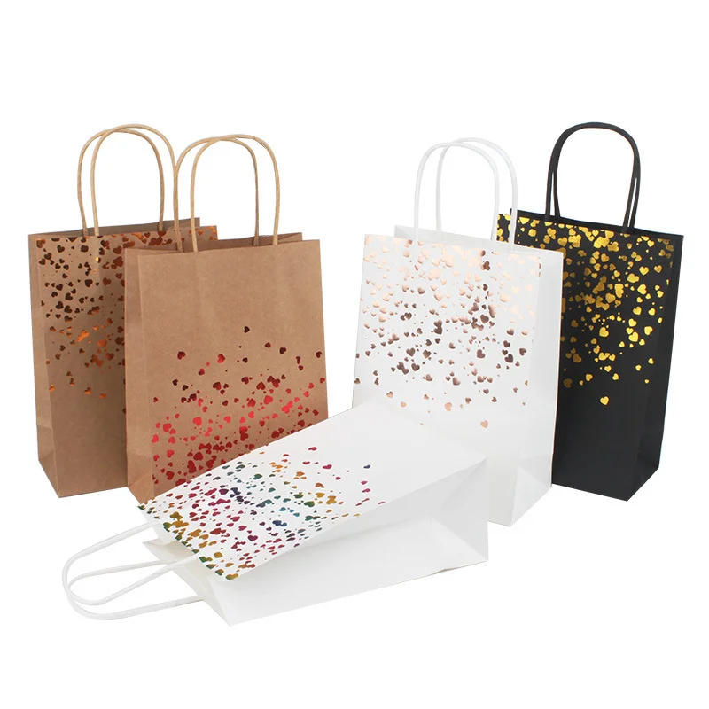 

6Pc Kraft Paper Bag Hot Stamping Heart Tote Paper Bag Birthday Wedding Gift Box Christmas Gift With Handle Biscuit Packaging Bag