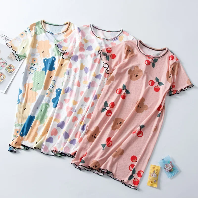 

Kids Girls Nightgown Cartoon Cherry Nightdress Girl Sleepwear Nightie Summer Short Sleeves Nightwear Children Clothes 2 5 6 8 9Y