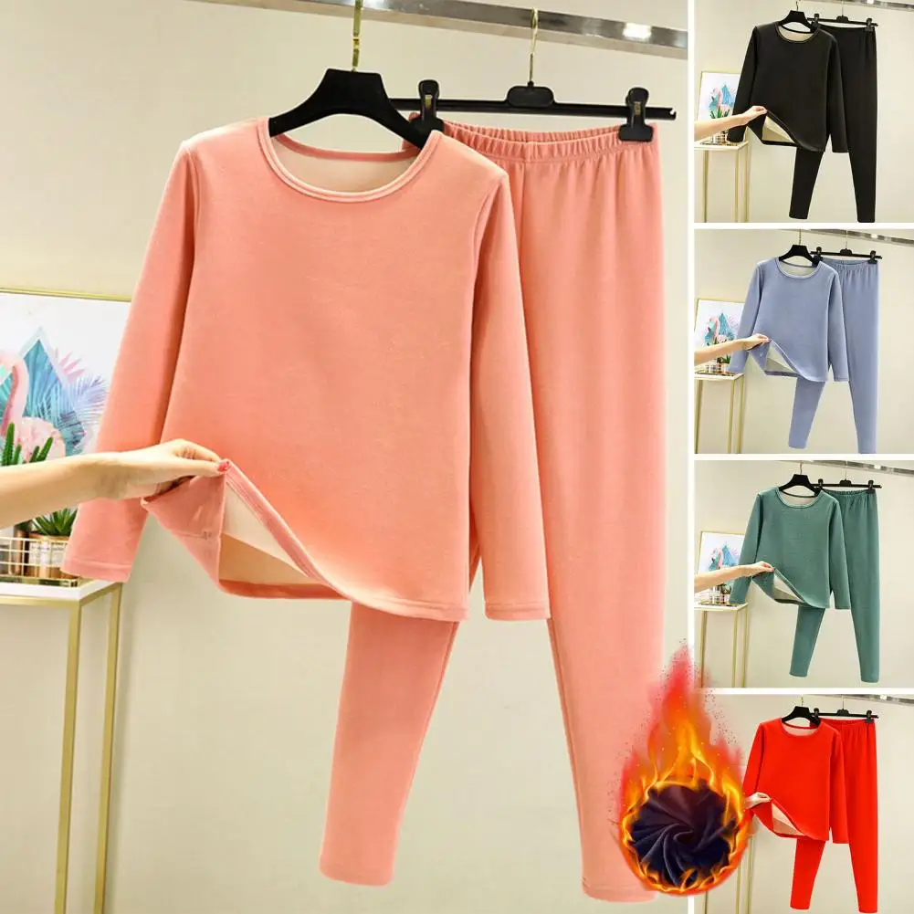 2Pcs Fleece Long Johns Set Cozy Cold-proof Winter Thermal Underwear Set with Plush Top Pants Soft Homewear Pajamas for Women thermal underwear sets