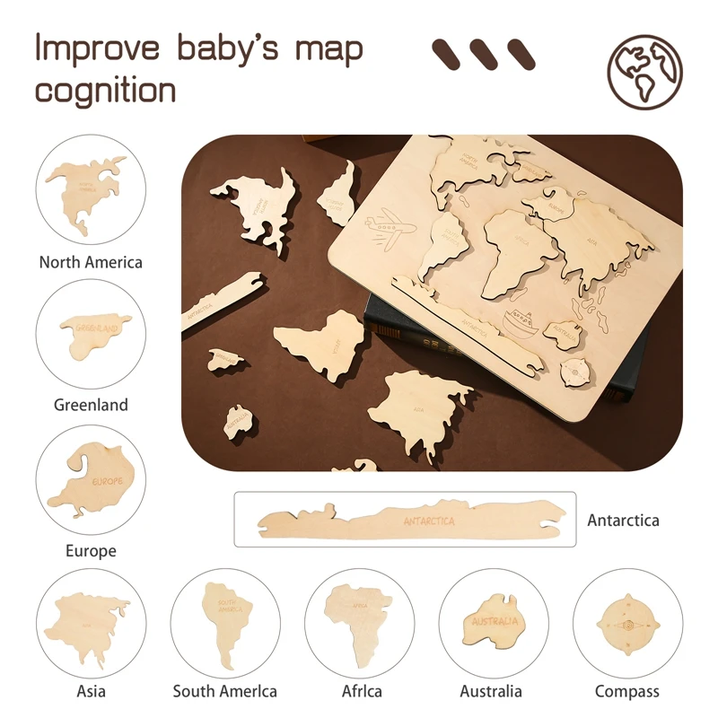 Kid Montessori Wooden Toy World Seven Continents Puzzle 5