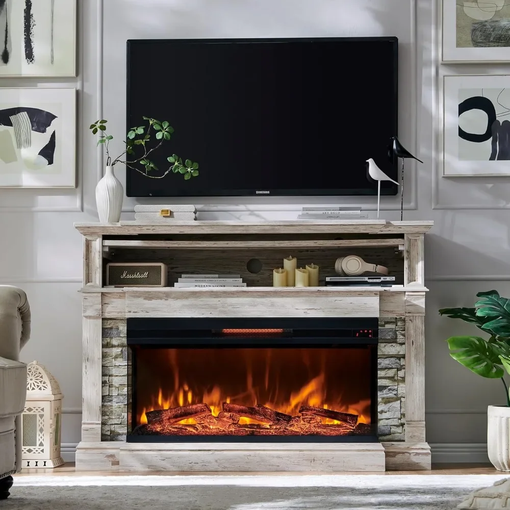 52" Electric Fireplace with Mantel, Freestanding Fireplace Heater TV Stand with 36" 3-Side Glass Insert for TVs Up to 65" 6