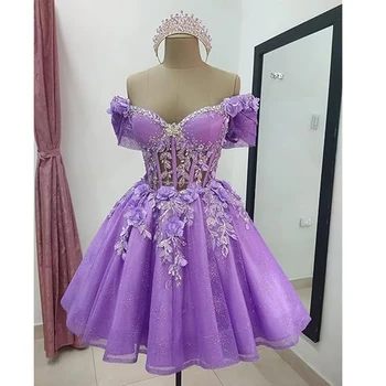 Sparkly Tulle Homecoming Dresses Beaded Lace Off the Shoulder Corset Short Prom Party Dresses 2026 Graduation Dress Customized 1