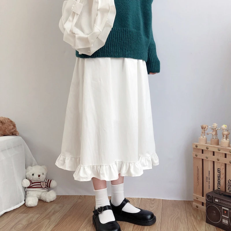 HOUZHOU Japanese Fashion White Long Skirt Women Kawaii Lolita Ruffle Patchwork High Waist A-line Midi Skirt Petticoat Mori Girl