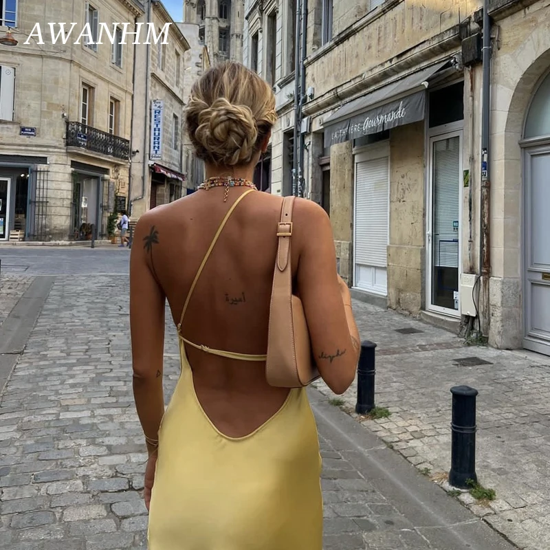 Women's Summer French Yellow Satin Dress Sexy Backless Long Skirt Asymmetric Sling Dress Slim - AliExpress 200000345 Women's Summer French Yellow Satin Dress Sexy Backless Long Skirt Asymmetric Sling Dress Slim - AliExpress 200000345