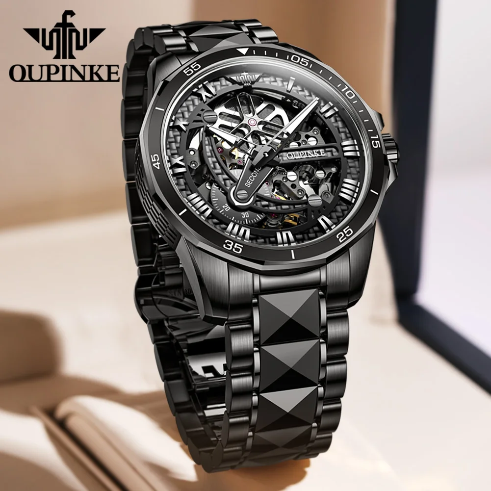 OUPINKE 3178 Automatic Man Watch Original Tungsten Steel Hollow Men's Watches Unique Seconds Hand Design Mechanical Wristwatches