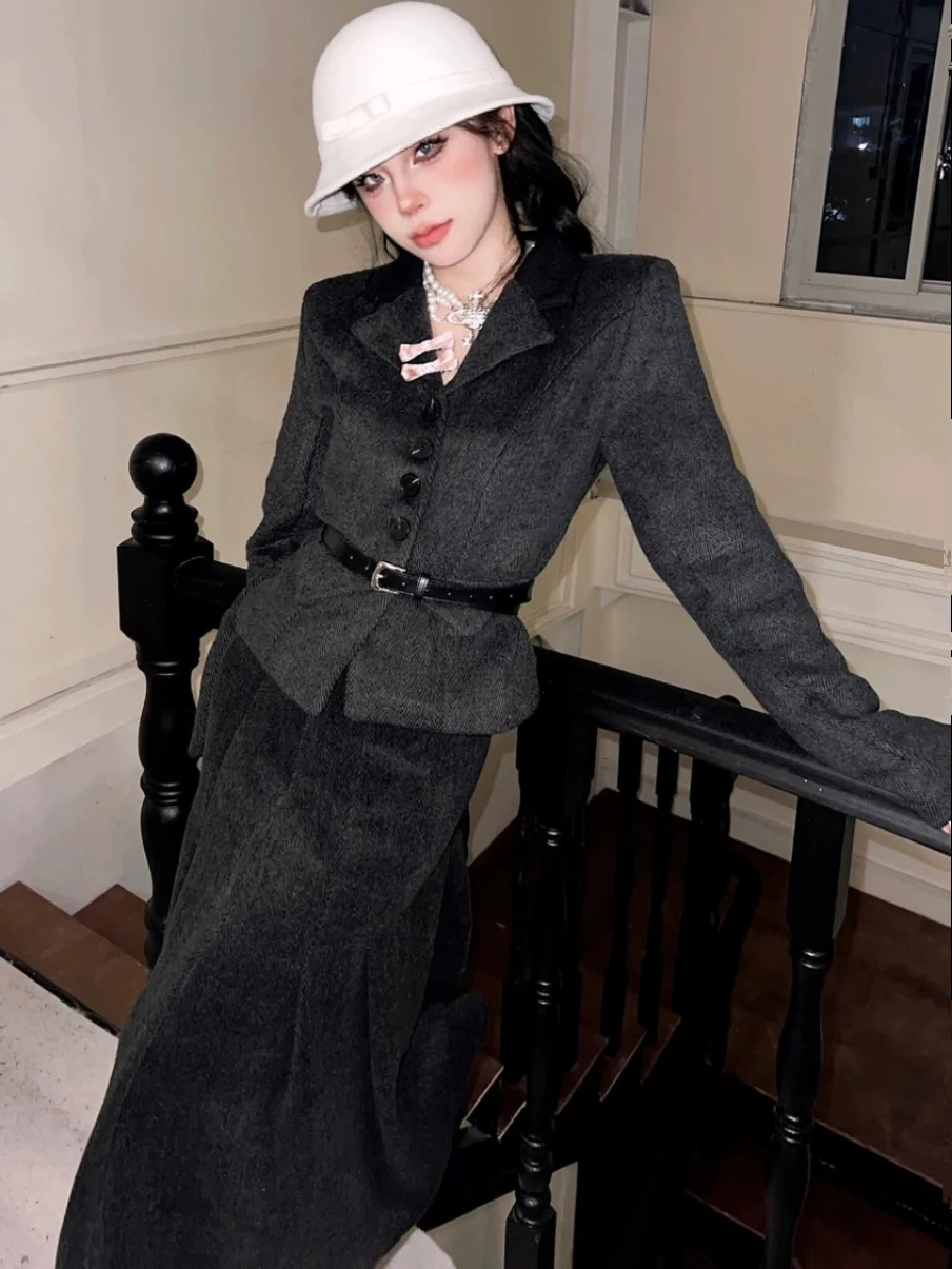 

French Retro College Style Elegant Slimming Suit Coat High Waist Fishtail Skirt High-end Autumn Winter Suit Women High Quality