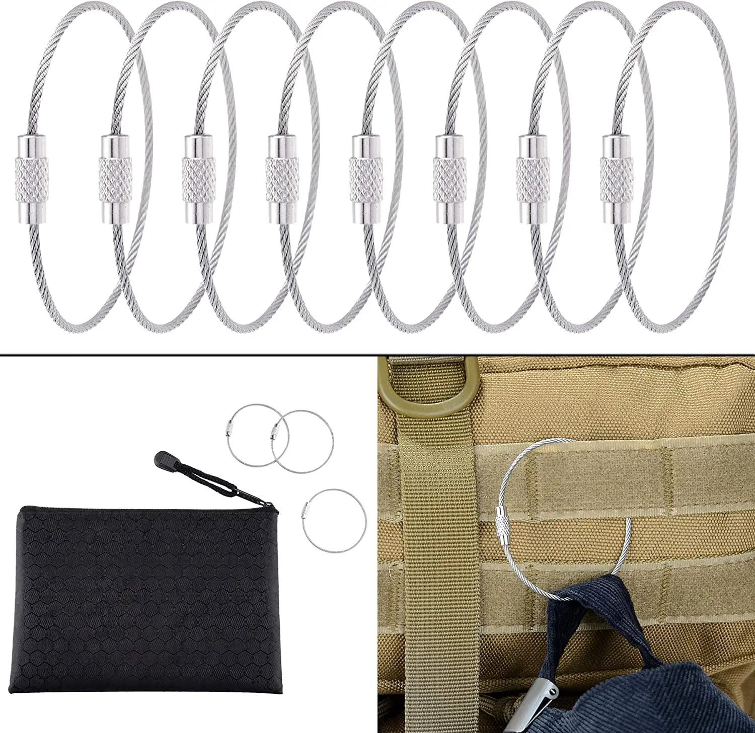 

BOOSTEADY 10 Pack Thread Heavy Duty Stainless Cable Keyring EDC Keychain For Molle Webbing With Zippered Pouch