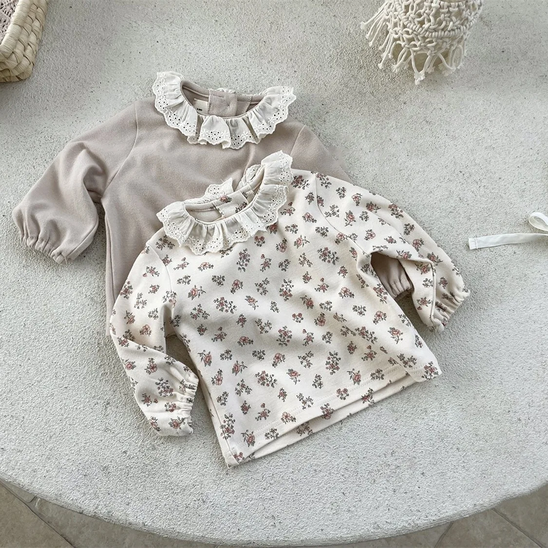Summer Baby Girl Lace Long Sleeves Bottoming Shirt Infant Girl Cotton Flower Print Tops Toddler Boy Pure Color T-shirts
