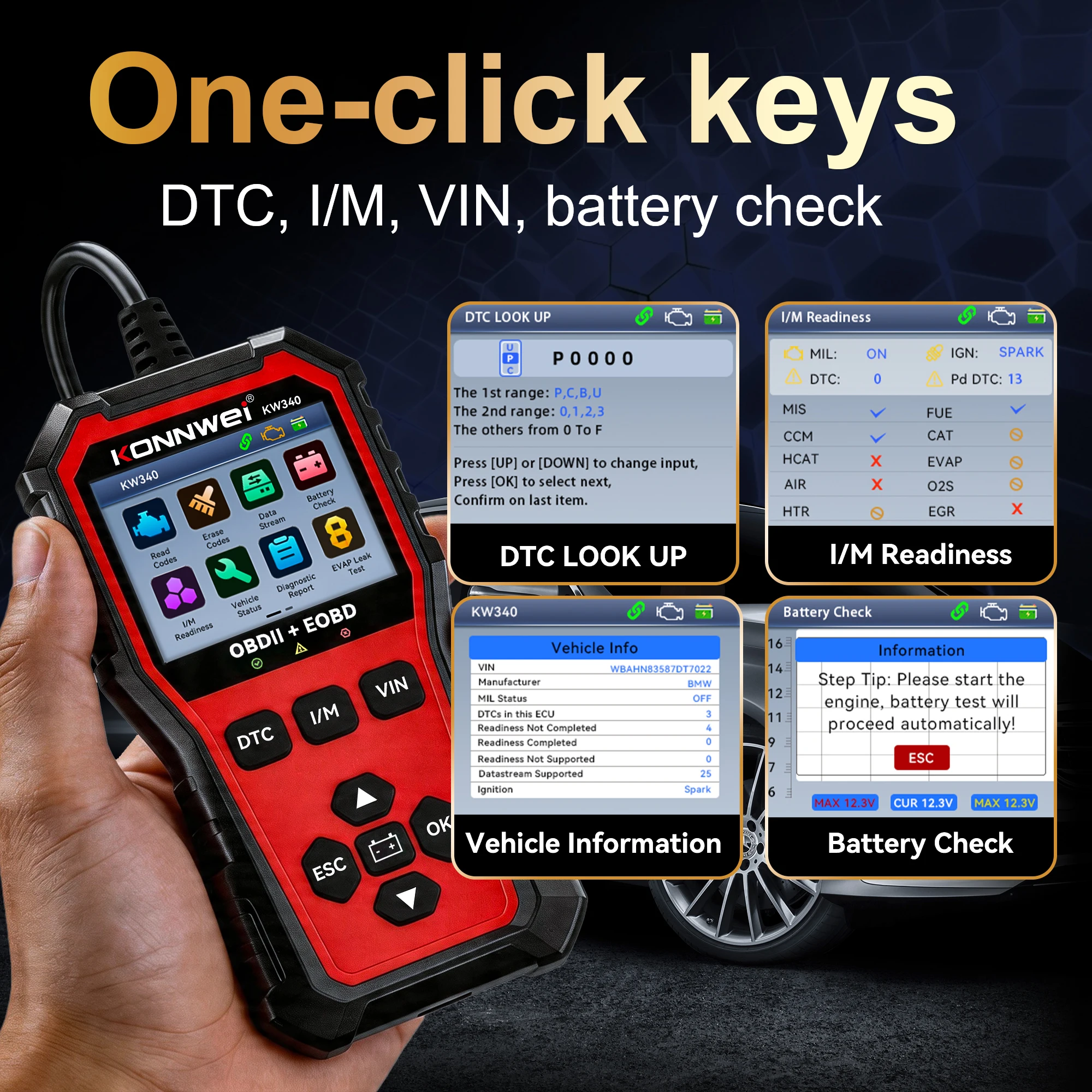 KONNWEI Car OBD2 Scanner KW340, CAN EOBD Diagnostic Tool with Engine Battery Test Fault Code Reading Clearing and Real Time Data 2026 - Image 3