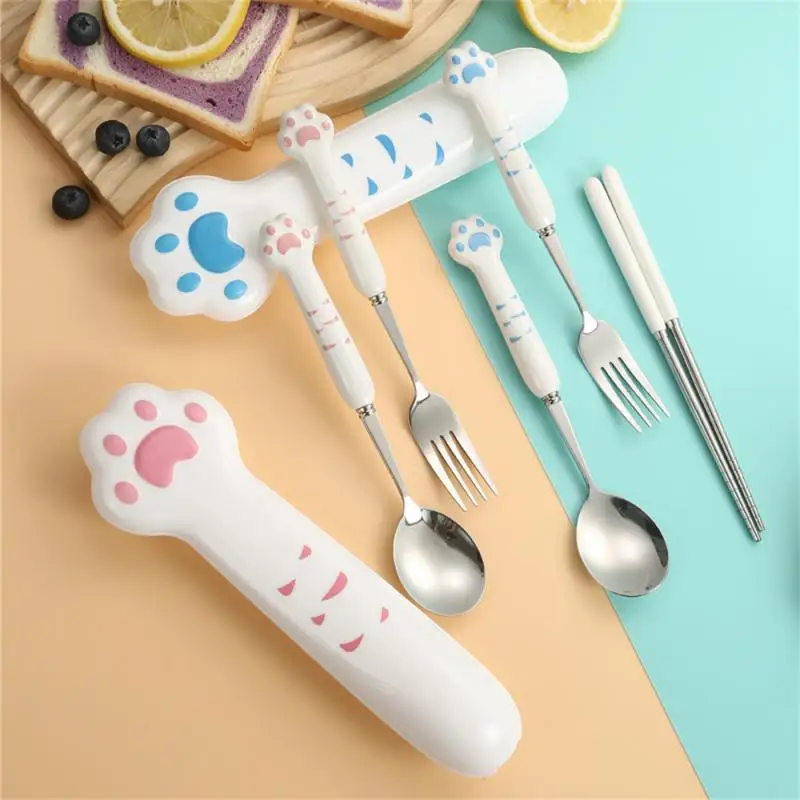 Cutlery set western style cutlery set picnic cutlery set stainless steel cutlery set Cat Paw Cutlery Set Stainless Steel Fork Spoon Chopsticks Storage Box Dinnerware Tableware Silverware Lunch Bento Accessories